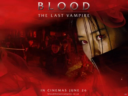 HD PC desktop wallpaper/background for the movie Blood: The Last Vampire (2009): red-tinted close-up of a woman's intense gaze with shadowy combat figures in the background.