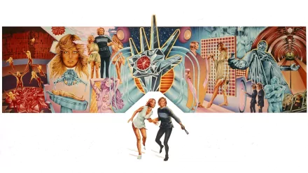 HD PC desktop wallpaper featuring colorful, futuristic artwork from the movie Logan's Run, showcasing key characters and scenes in a vibrant sci-fi style.