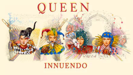 A vibrant HD desktop wallpaper featuring the band Queen, showcasing colorful illustrations of characters and the album title Innuendo in bold red letters.