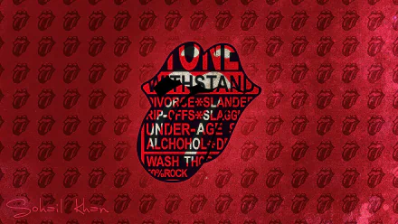 HD desktop wallpaper featuring The Rolling Stones' iconic tongue logo filled with bold text on a red background patterned with smaller tongue icons.