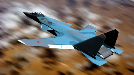 HD desktop wallpaper featuring a sleek Sukhoi Su-47 military jet in flight against a blurred natural background.