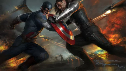 Captain America clashes with the Winter Soldier in this dramatic HD wallpaper from the movie Captain America: The Winter Soldier, showcasing their intense showdown.