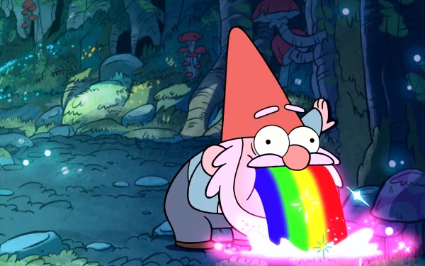 HD desktop wallpaper of a cartoon gnome with a rainbow beard in a mystical forest setting.