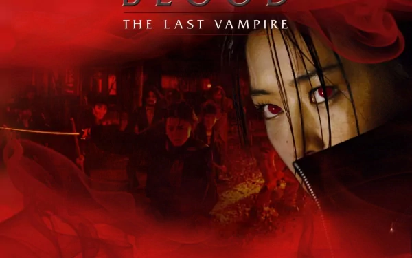 HD PC desktop wallpaper/background for the movie Blood: The Last Vampire (2009): red-tinted close-up of a woman's intense gaze with shadowy combat figures in the background.