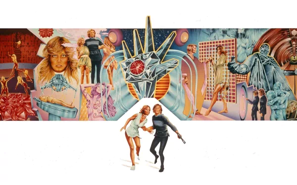HD PC desktop wallpaper featuring colorful, futuristic artwork from the movie Logan's Run, showcasing key characters and scenes in a vibrant sci-fi style.