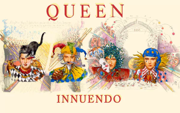 A vibrant HD desktop wallpaper featuring the band Queen, showcasing colorful illustrations of characters and the album title Innuendo in bold red letters.