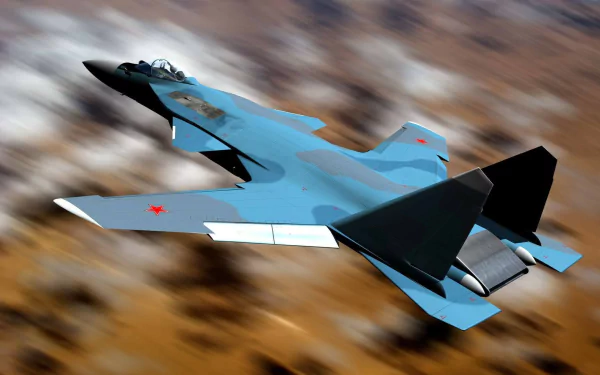 HD desktop wallpaper featuring a sleek Sukhoi Su-47 military jet in flight against a blurred natural background.