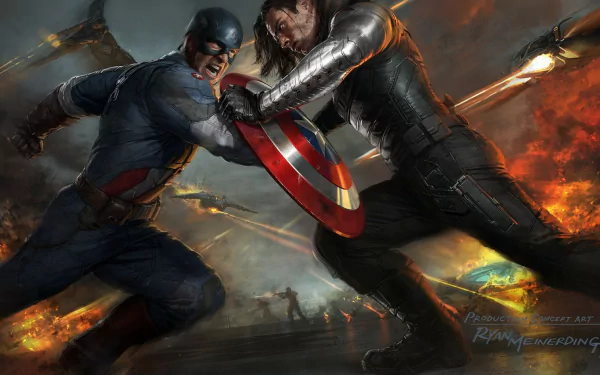 Captain America clashes with the Winter Soldier in this dramatic HD wallpaper from the movie Captain America: The Winter Soldier, showcasing their intense showdown.