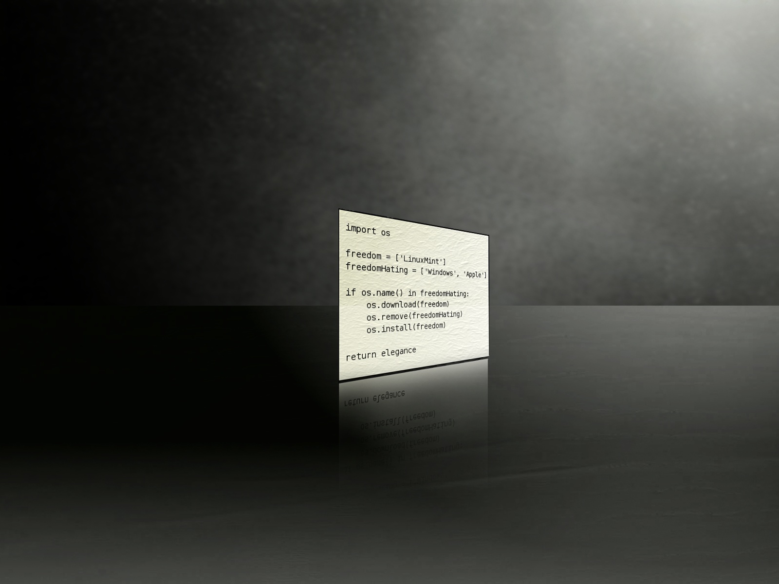 HD desktop wallpaper featuring a 3D-rendered piece of code on a card in a dark, minimalist setting, symbolizing programming.