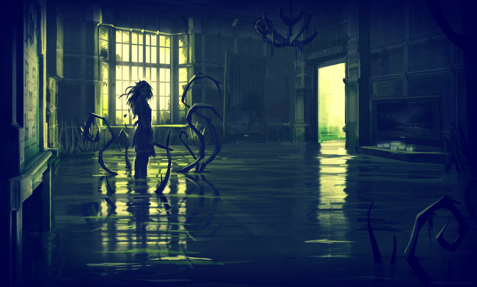 HD PC desktop wallpaper from the video game Dishonored, depicting a dimly lit, eerie room with a silhouetted figure and intricate, twisted furniture.