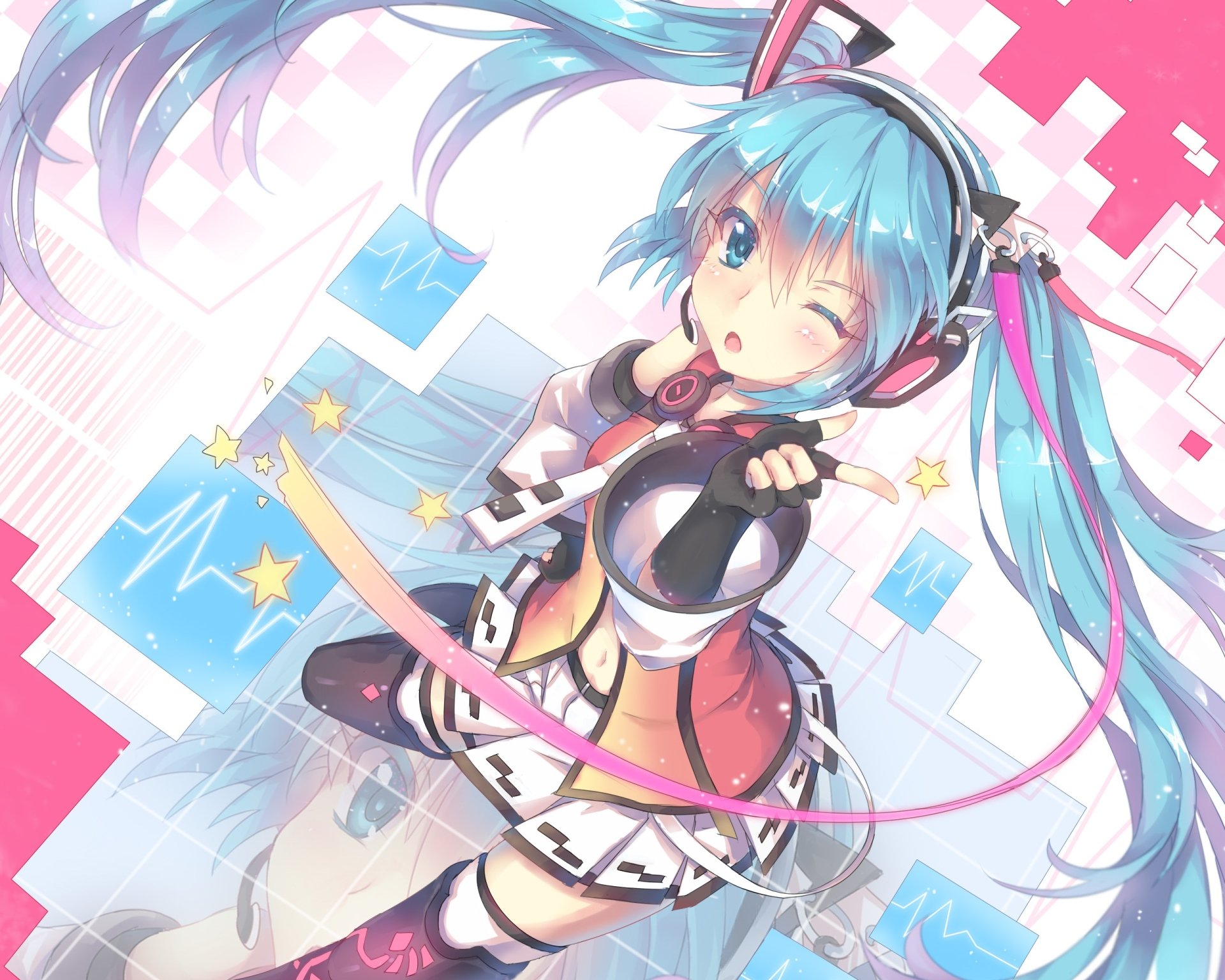 HD desktop wallpaper featuring Hatsune Miku from Vocaloid, winking with blue hair and eyes, wearing headphones, set against a colorful abstract background.