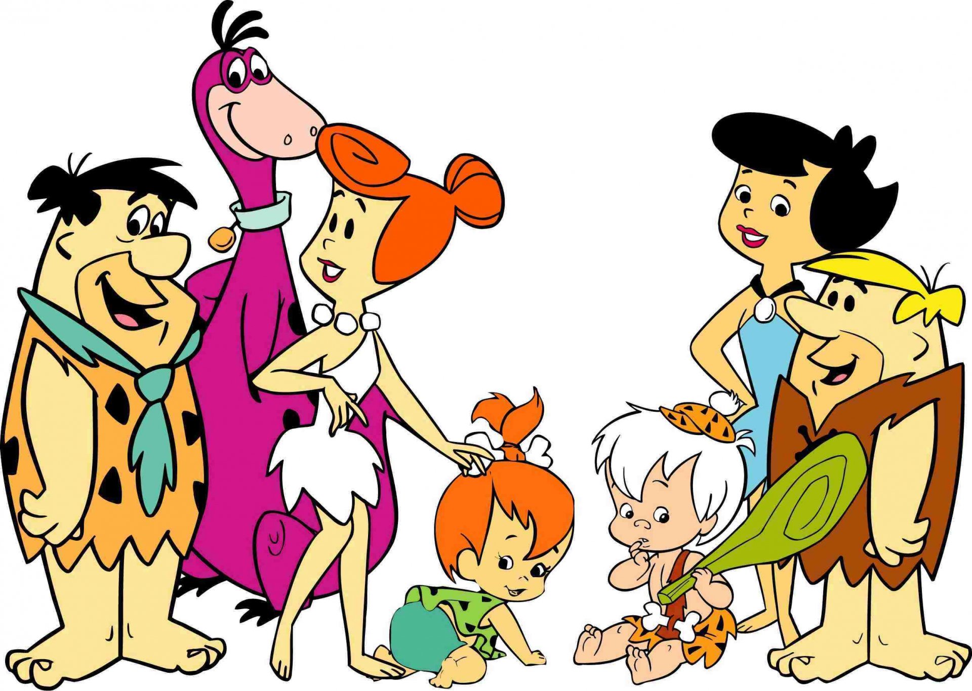 Colorful HD wallpaper featuring characters from The Flintstones, the classic TV show, showcasing the beloved prehistoric family and their friends in a lively scene.