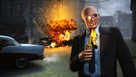 HD desktop wallpaper and background of a character from Mafia II, standing confidently with an explosion occurring behind him, holding a Molotov cocktail with a burning rag and a cigarette in his mouth.