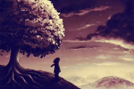 A fantasy-themed HD PC desktop wallpaper featuring a silhouette of a person standing beneath a large, glowing tree with sprawling roots against a dreamy, cloudy sky.