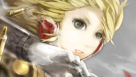 HD PC desktop wallpaper featuring Aigis from the video game Persona 3, showcasing her detailed design and expressive eyes in a soft, dynamic pose.