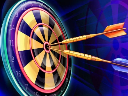 HD PC desktop wallpaper featuring a close-up of a man-made dartboard with three darts hitting the bullseye against a vibrant blue geometric background.