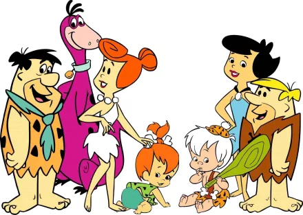 Colorful HD wallpaper featuring characters from The Flintstones, the classic TV show, showcasing the beloved prehistoric family and their friends in a lively scene.