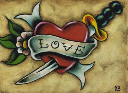 A vibrant tattoo design featuring a heart pierced by a dagger, embellished with flowers and a ribbon that reads LOVE, making a striking HD desktop wallpaper and background.