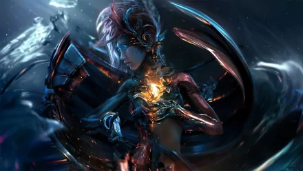 HD fantasy PC desktop wallpaper featuring a mystical woman with glowing armor and ethereal blue and dark hues surrounding her in a dynamic, otherworldly scene.