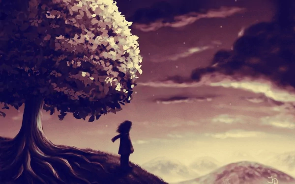 A fantasy-themed HD PC desktop wallpaper featuring a silhouette of a person standing beneath a large, glowing tree with sprawling roots against a dreamy, cloudy sky.