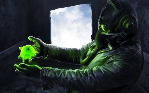 A character in a gas mask holds a glowing green object, set against a backdrop of a window showing a cloudy sky. This HD wallpaper captures the essence of the Romantically Apocalyptic comic.