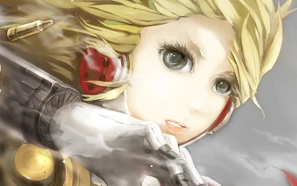 HD PC desktop wallpaper featuring Aigis from the video game Persona 3, showcasing her detailed design and expressive eyes in a soft, dynamic pose.