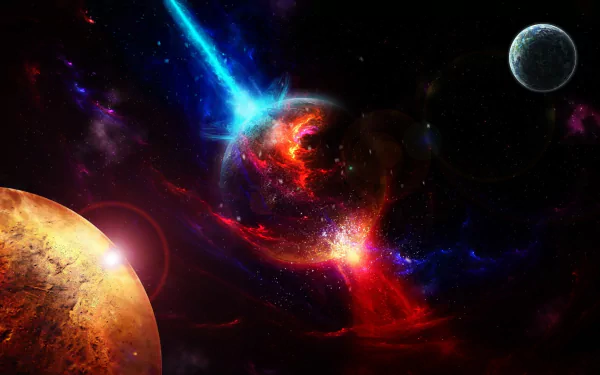 HD PC desktop wallpaper featuring a vivid sci-fi explosion with bright blue and red energy bursts set against a starry cosmic background with two planets.