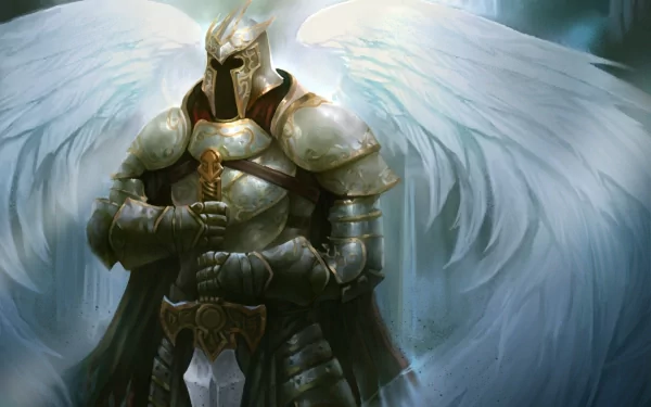 A majestic angel warrior in shining armor stands confidently, wielding a sword, with large white wings unfurled. This captivating image serves as an HD fantasy wallpaper and background.