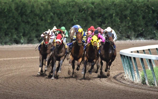 HD PC desktop wallpaper/background: horse racing action — a pack of racehorses with colorful jockeys rounding a dirt track, high-speed Sports racing scene.