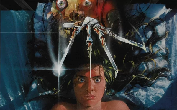 HD PC desktop wallpaper of A Nightmare on Elm Street (1984): a terrified sleeper on a pillow as Freddy Krueger’s bladed glove and a monstrous face loom above.