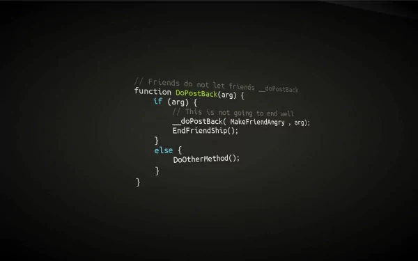 HD desktop wallpaper featuring a programming code snippet with a humorous comment, using a minimalist dark background.