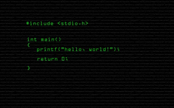 HD desktop wallpaper featuring green Hello, World! programming code on a black background.
