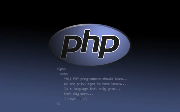 HD desktop wallpaper featuring the PHP programming language logo with a dark background and inspirational text for programmers.