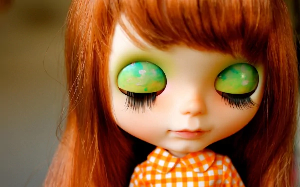 Close-up of a man-made doll with vibrant green eyes and long eyelashes, featuring a sweet expression and auburn hair, set against a softly blurred background. HD desktop wallpaper.