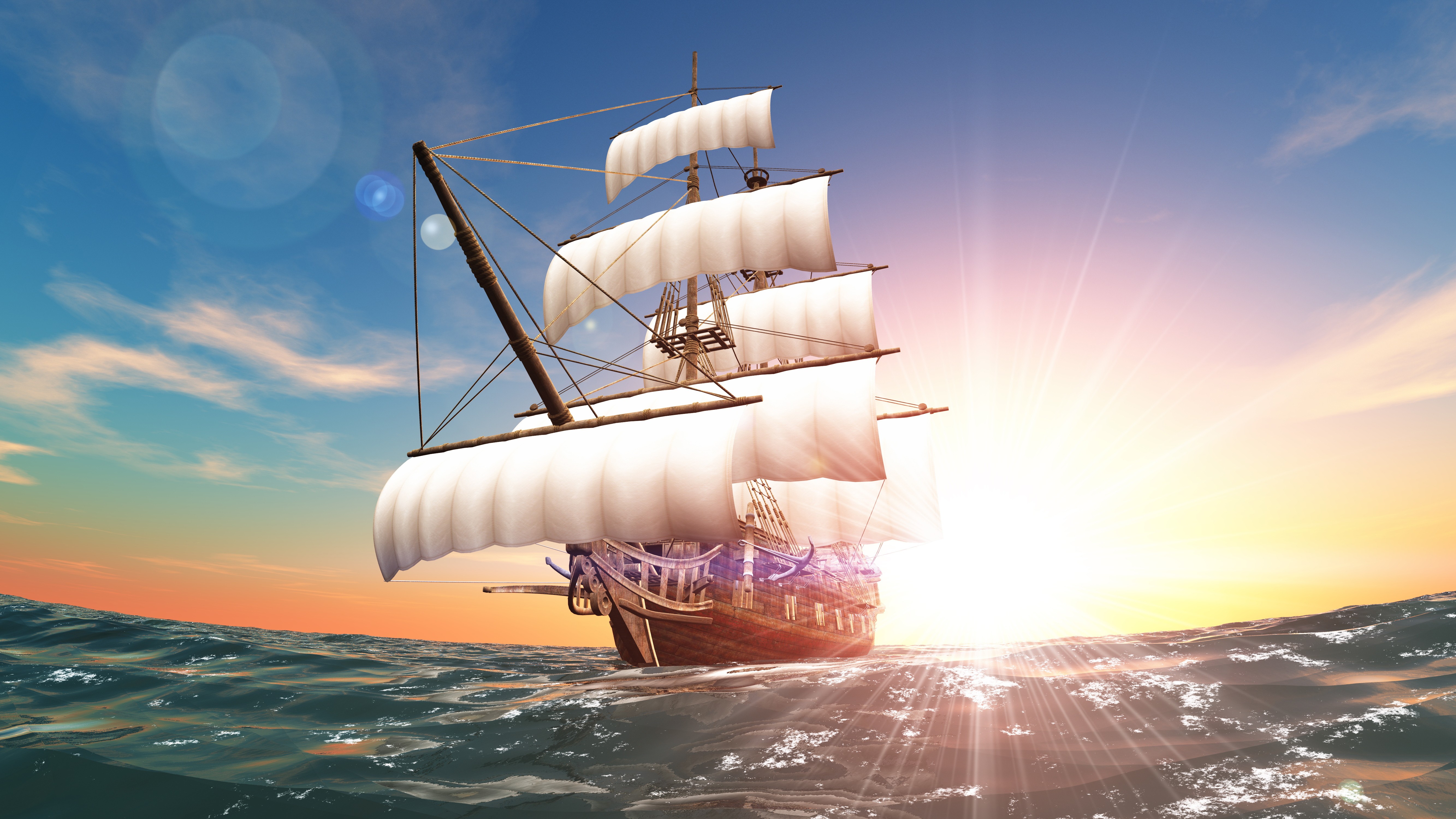 Desktop Wallpapers Sea Sun 3D Graphics Sky Ships Sunrises 1920x1080