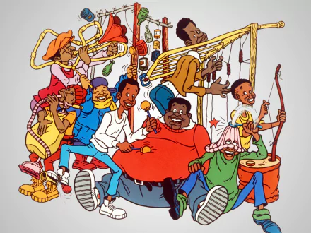 HD PC desktop wallpaper featuring the cast of the TV show Fat Albert, showcasing the colorful and lively characters in a playful group pose.