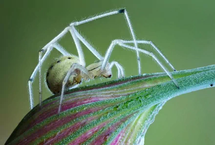 HD PC wallpaper: close-up of a pale green spider with translucent long legs perched on a striped flower bud against a soft green background.