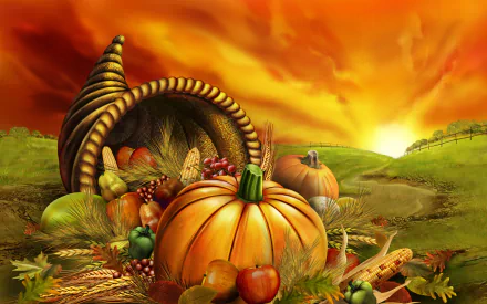 Artistic HD PC desktop wallpaper featuring a vibrant cornucopia with pumpkins, apples, corn, and vegetables set against a glowing sunset landscape.