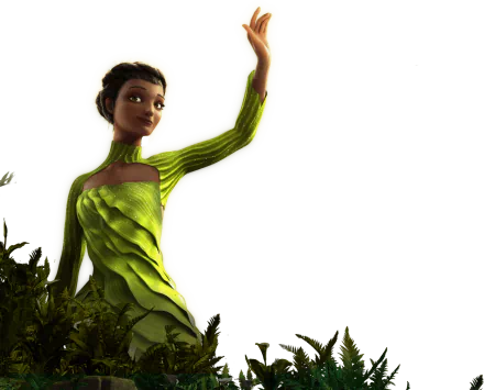 Epic HD desktop wallpaper featuring an animated character in a green dress, posing confidently on a dark background.