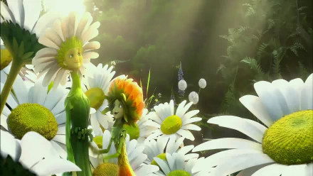Epic HD desktop wallpaper featuring two animated flower characters in a lush, daisy-filled landscape.