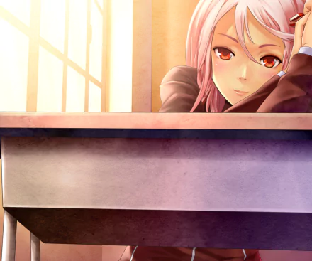 HD PC desktop wallpaper featuring a close-up of a pink-haired anime character from Guilty Crown resting on a desk by a sunlit window.