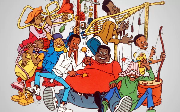 HD PC desktop wallpaper featuring the cast of the TV show Fat Albert, showcasing the colorful and lively characters in a playful group pose.