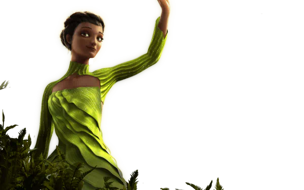 Epic HD desktop wallpaper featuring an animated character in a green dress, posing confidently on a dark background.