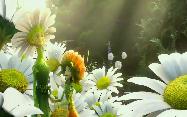 Epic HD desktop wallpaper featuring two animated flower characters in a lush, daisy-filled landscape.