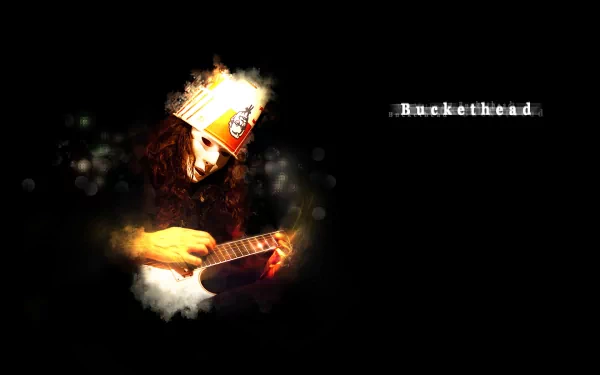 HD PC desktop wallpaper featuring Buckethead playing guitar with a glowing effect, set against a black background with his name displayed nearby.