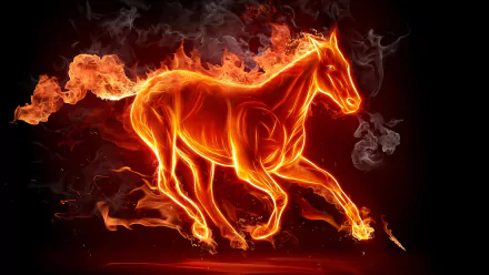 HD desktop wallpaper featuring a fantasy theme with an elemental horse made of fire and smoke, set against a dark background.