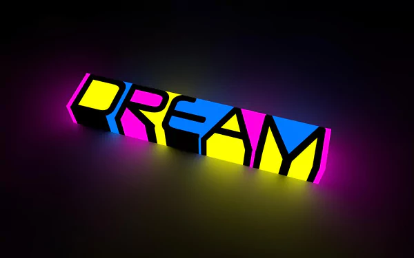 Neon-lit abstract block spelling DREAM in vibrant pink, blue, and yellow hues on a dark background. HD PC desktop wallpaper with a glowing, futuristic vibe.