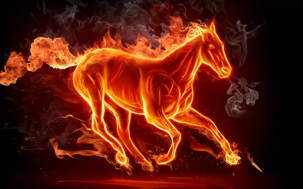 HD desktop wallpaper featuring a fantasy theme with an elemental horse made of fire and smoke, set against a dark background.