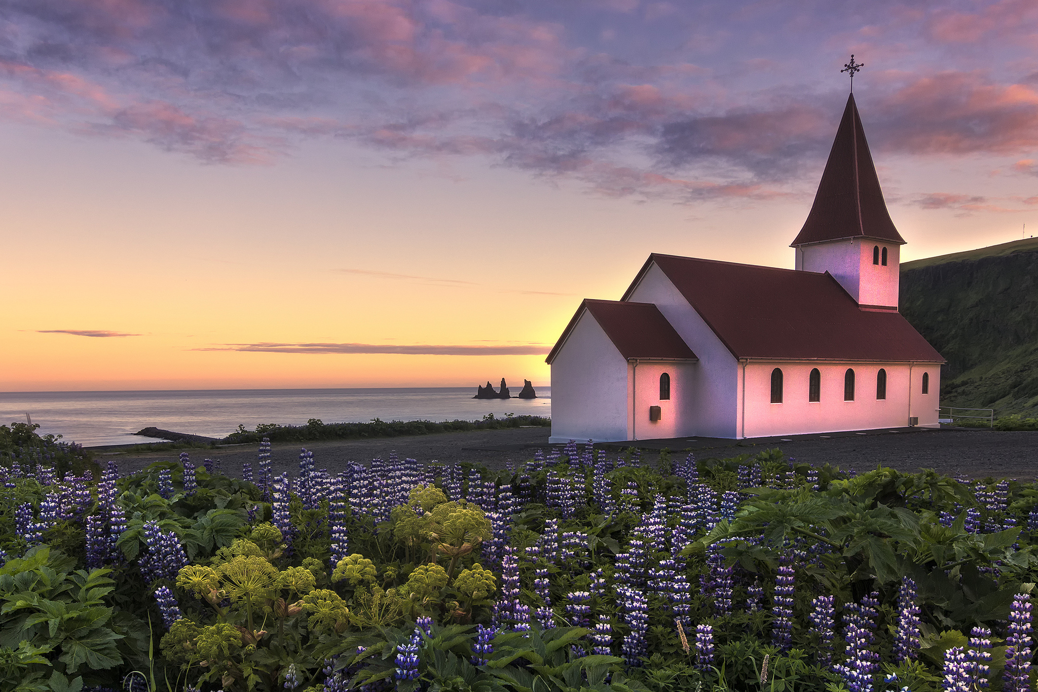 Serene Sunset Over Blooming Meadow Church HD Religious Wallpaper