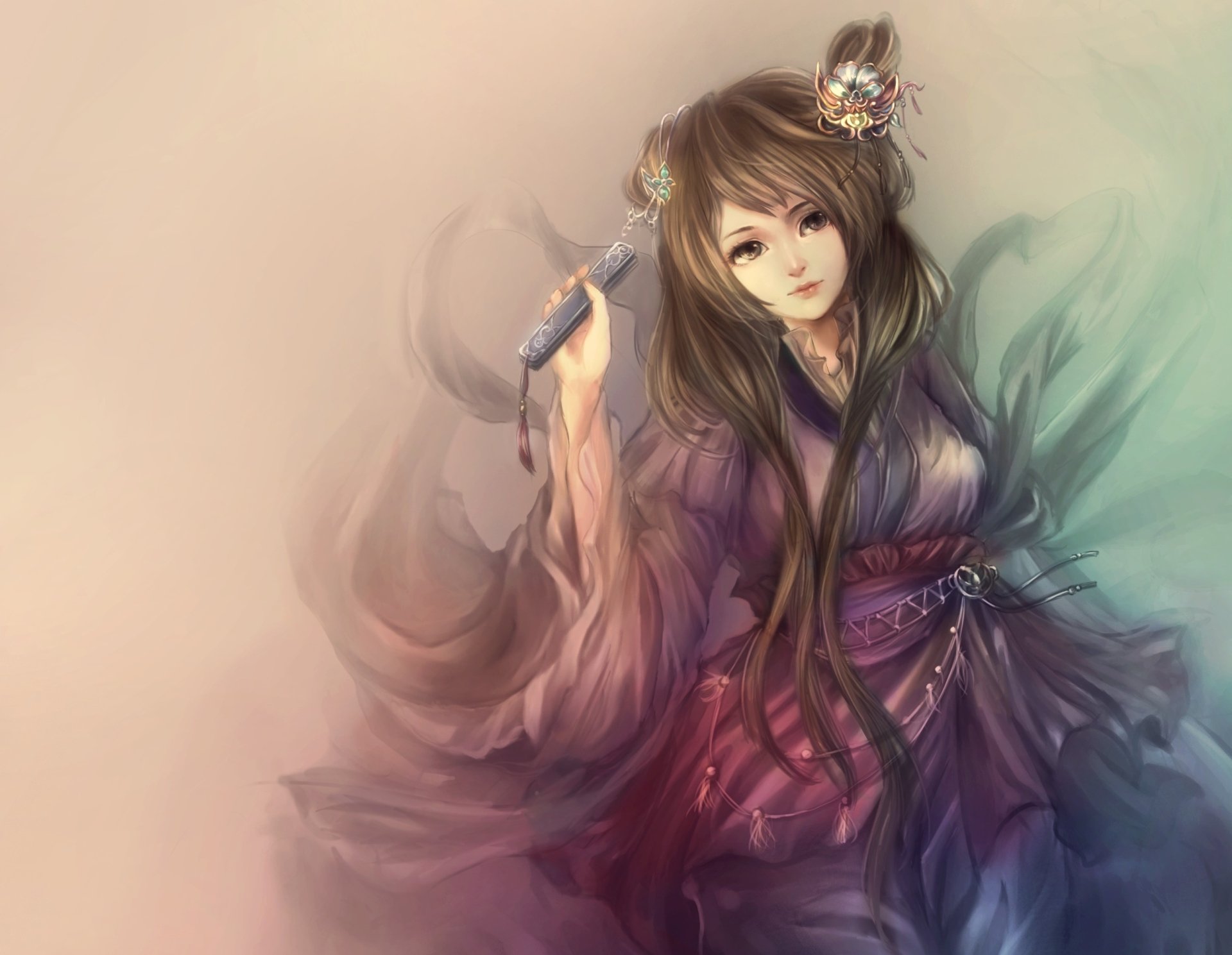 A beautiful fantasy-themed image featuring a woman in flowing garments, exuding elegance and grace. This HD wallpaper serves as a captivating backdrop for any desktop.